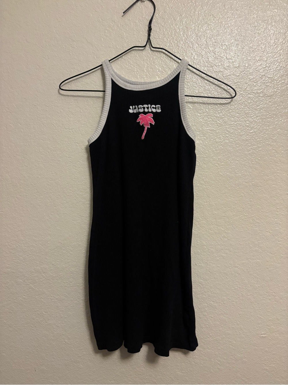 Justice Black Mini Tank Dress with Pink Palm Logo and White Trim